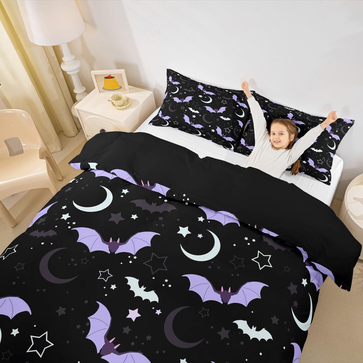 Halloween Bat Duvet Cover Set King Size Cute Moon Starry Night Sky Bedding Set 3Pcs Purple Black White Comforter Cover for Kids Girls Boys Room Decor Kawaii Cartoon Animal Quilt Cover,2 Pillowcases