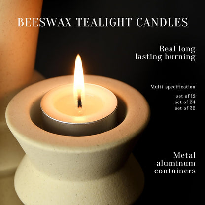 Natural Ivory White Beeswax Tealight Candles in Metal Aluminum Cup - Organic Small Candle Natural Scent Smokeless 4-5 Hours Burning - Pack of 12