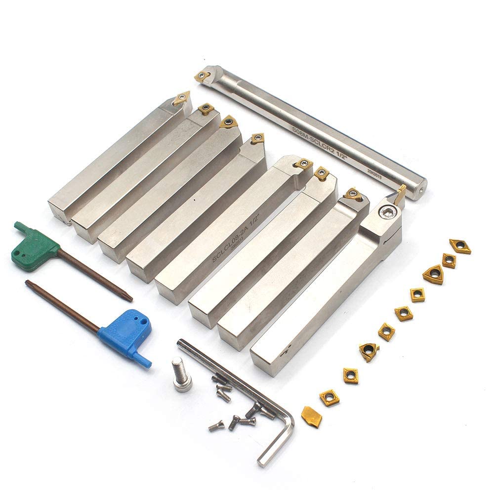 OSCARBIDE 1/2"Shank Nickel Plated Indexable Lathe Turning Tool Holder and Boring Bar 9 Pieces/Set,CNC Heavy-Duty Metal Lathe Cuting Tools for Turning Grooving Threading Cut Off
