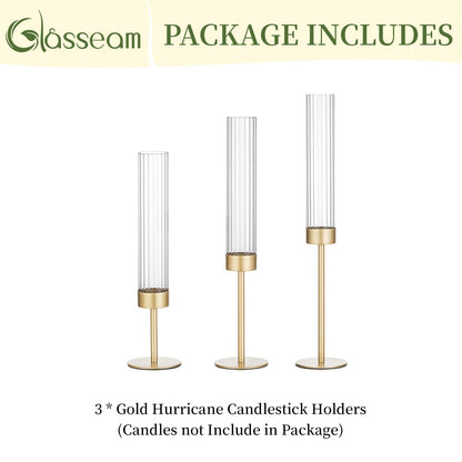 Gold Hurricane Taper Candle Holders: Glasseam 3Pcs Brass Candlestick Holders with Ribbed Glass Cylinder Cover Fluted Tall Candle Sticks Holder Decor for Table Centerpiece Wedding Christmas Decorations