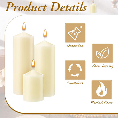 MTLEE 6 Pcs Pillar Candles 3 Set 2 in x 3, 6, 8 Inch Smokeless Dripless Unscented Pillar Candles Long Clean Burning Wax for Wedding Dinner Party Spa Emergency Ceremony Home Decor (Ivory White)