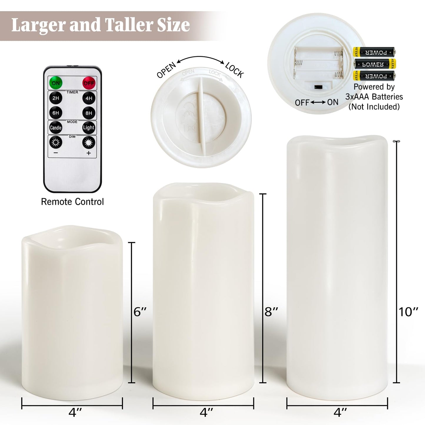 Lumeavetra 6" 8" 10" x 4" Large Waterproof Outdoor Flameless Candles Battery Operated LED Pillar Candles for Indoor Outdoor Lanterns, White, Long Lasting, Set of 3