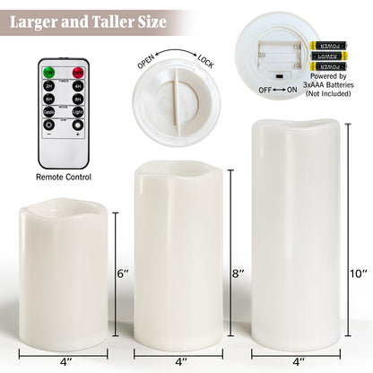 Lumeavetra 6" 8" 10" x 4" Large Waterproof Outdoor Flameless Candles Battery Operated LED Pillar Candles for Indoor Outdoor Lanterns, White, Long Lasting, Set of 3