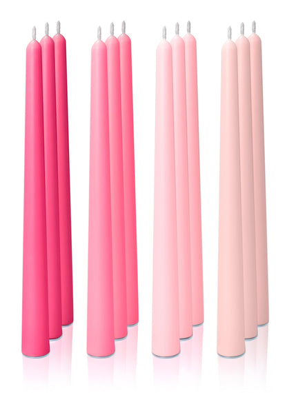 Homeology 12pk 10" Classic Taper Candles, Pink Shades, 7-8 Hours Long Burning, Unscented Tall Candlesticks
