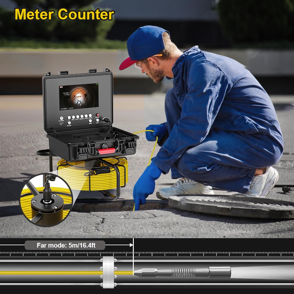 SYOWNFS Sewer Camera with 512Hz Sonde Self-Leveling, Pipe Inspection Camera with DVR Recorder, Endoscope with 12pcs LED Lights for Plumbing, 100ft/30m (16GB SD Card Included)