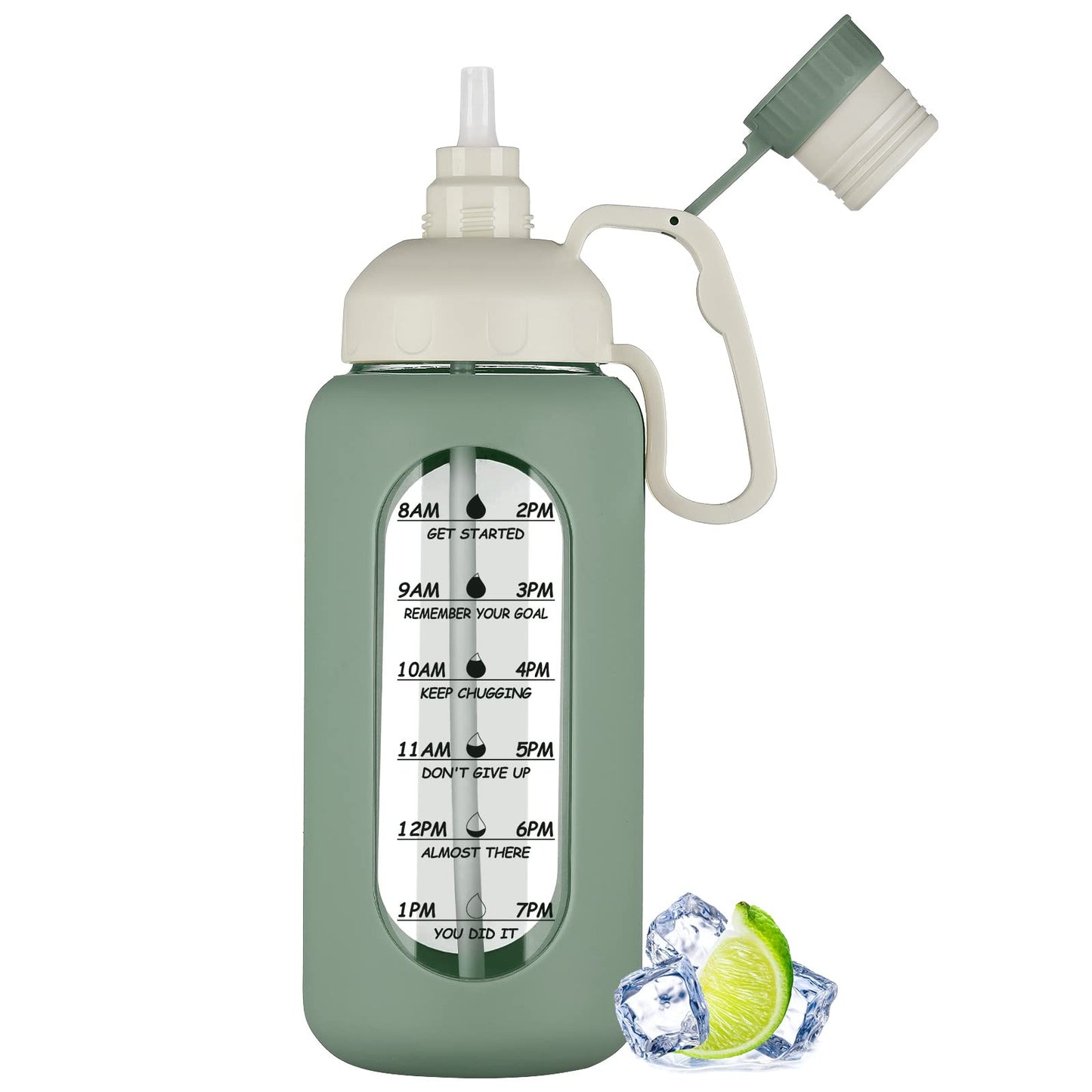 MUKOKO 64oz Glass Water Bottles with Straw, Half Gallon Water Jug with Time Marker, Sports Large Motivational Bottle with Silicone Sleeve, Olive