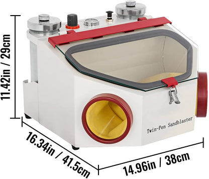 Global Lab Sandblaster Double Pen Fine Sand Blasting Machine Large View Window Sandblaster Unit with LED Lamp with 2 Pen + 2 Iron Cups