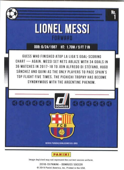 2018-19 Donruss Soccer #1 Lionel Messi FC Barcelona Official Panini 2018-2019 Futbol Trading Card