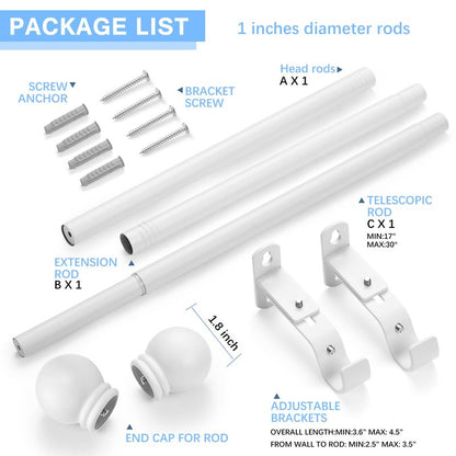 AMZSEVEN Curtain Rods for Windows 16 to 48 Inches, Curtain Rod Max Adjustable Length of 60 IN, 1" Diameter Drapery Rods Round Finials, White, Pack of 1