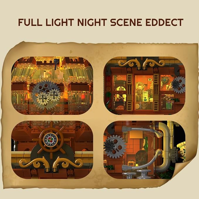 Steampunk Magic Shop Building Blocks Set – LED Lighted Model with Rich Details with Mechanic PartsMOC Architecture Toy Display for Adults &amp Teens(1842 Pcs)