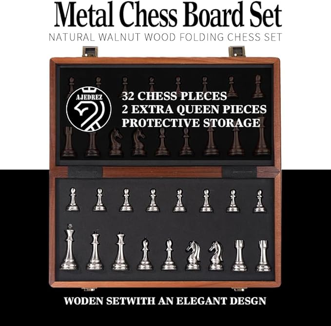 15 Inch Walnut Chess Board Set for Adults Kids Metal Chess Folding Portable Travel Chess Game for Tournament Professional Beginner with Manual