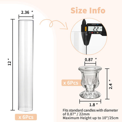 CHILL RECIPE Hurricane Glass Candle Holders-Set of 6 Tall Taper Candle Holder with 12” Tall Clear Cylinder Covers for Wedding Table Centerpiece Home Decor (Floral Base+Clear Chimney)