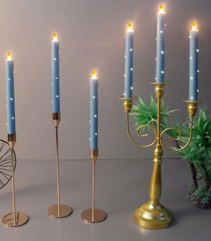 Flameless Cone Candle with Built-in Star String Light, 11 Button Remote Control, Timer, Battery Powered, Analog Flame, 3 Pack of Window Candles, Christmas Home & Wedding Decoration (Sky Blue)