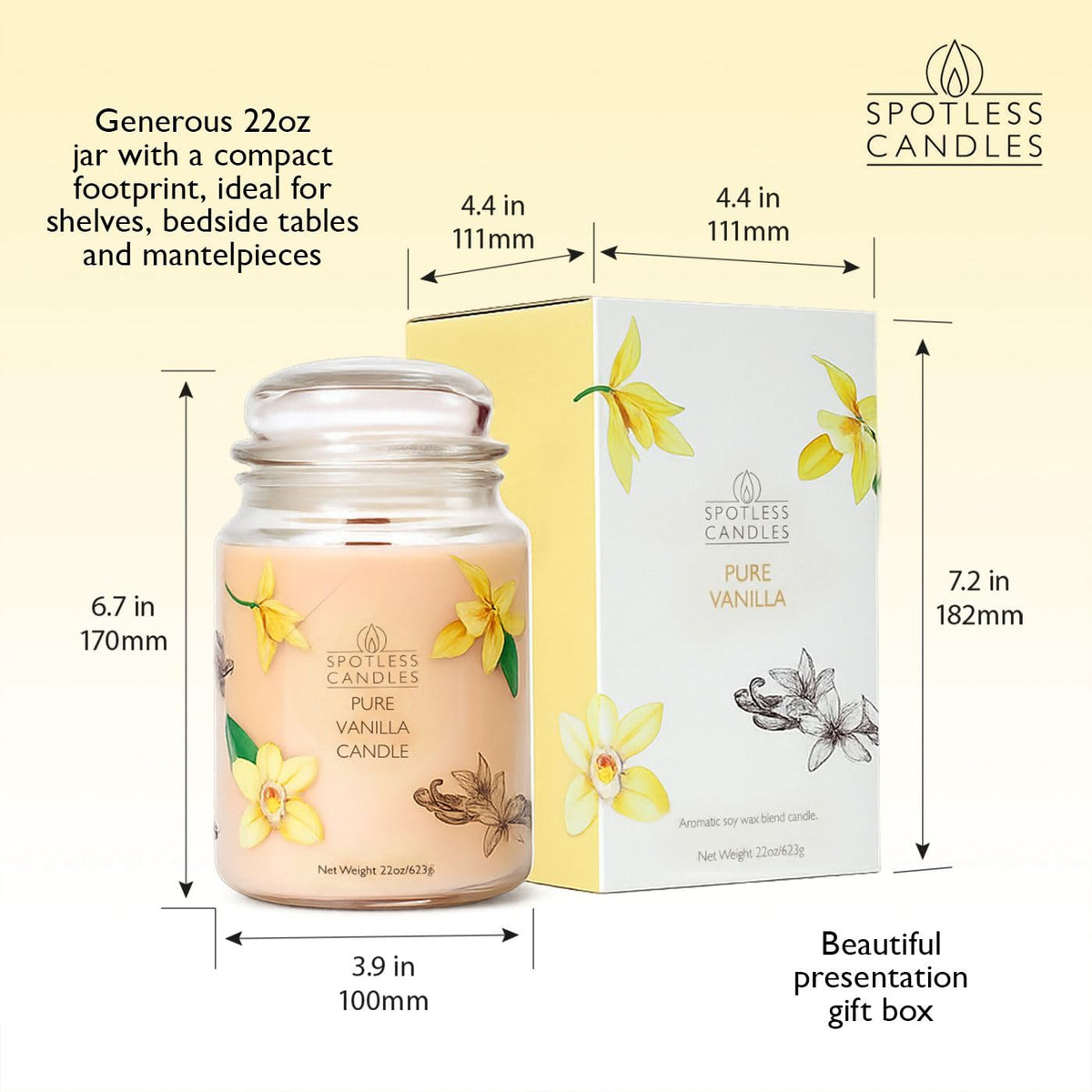 Vanilla Candle 22oz: 130 Hour Burn, Large Jar Scented Soy Wax Candle, Wooden Wick, Warm Vanilla Sugar, Luxury Gift Box, Home Decor by Spotless Candles