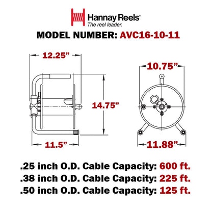 Hannay Reels AVC16-10-11 Series AVC Manual Hand Crank Portable Cable Storage Reel for Audio Video, Steel and Aluminum Construction, Black Paint, Made in USA