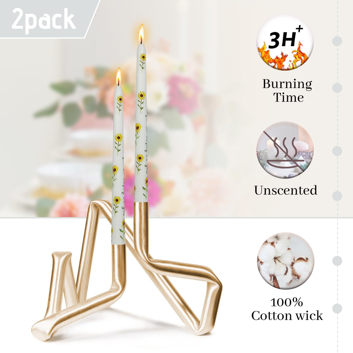 Cream Floral Sunflower Taper Candles - 10 Inch Handmade Drip Candles, Set of 2 for Wedding Holiday Decor & Gifts