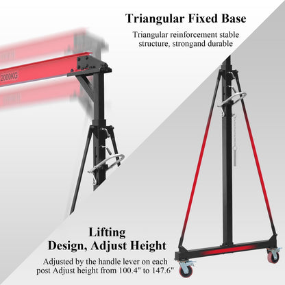 2 Ton Gantry Crane - MAX4400Lbs, Shop Crane with 360° Locking Wheels & Adjustable Height 100.4" to 147.6", Lifting Gantry for Factories Warehouses Garage Use