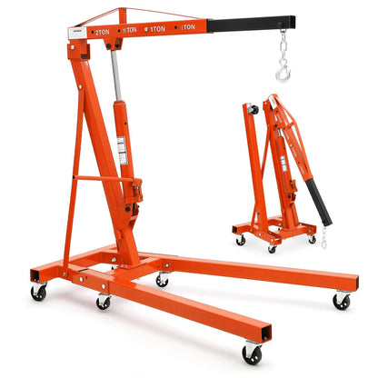 2-Ton Folding Engine Hoist Cherry Picker 4400 Lb Capacity Hydraulic Shop Crane with Telescoping Boom 6 Caster Wheels for Automotive Repair Garage Use Includes Hitch and Storage Stand Orange