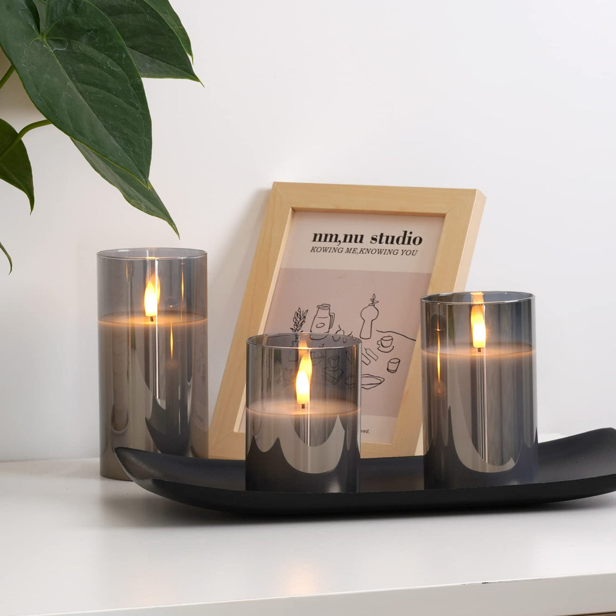 Amagic Grey Glass Flameless Candles, Halloween Battery Operated Candles, LED Pillar Candles with Remote Control and Timer, Electric Fake Candles for Holiday Spooky Decor, Wax, D3 H4 5" 6", Set of 3