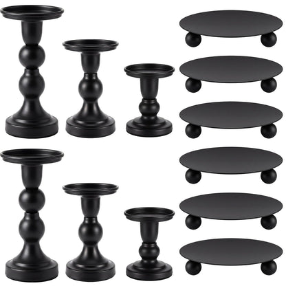 Vesici 12 Pcs Candlestick Holder Plate Pillar Candle Holder Candles Stand Decorative Centerpieces for Table Wedding Events Party Living Room Housewarming Gift (Baking Paint,Size 2,Black)