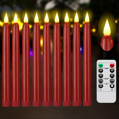 Flameless Taper Candles with Remote Control and Timer, Battery Operated LED Candlesticks with Flickering 3D Flame, 9.6×0.8Inches Plastic Tall Candles for Christmas, Wedding and Home Decor (Red, 9)
