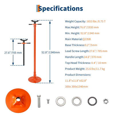 EliteEdge 2 Pack Underhoist Support Stand, 1653 LBS Screw Jack Stand with Adjustable 52"-76" Height, 3/4 Ton Under Hoist Support Stand for Vehicle Lifting & Support