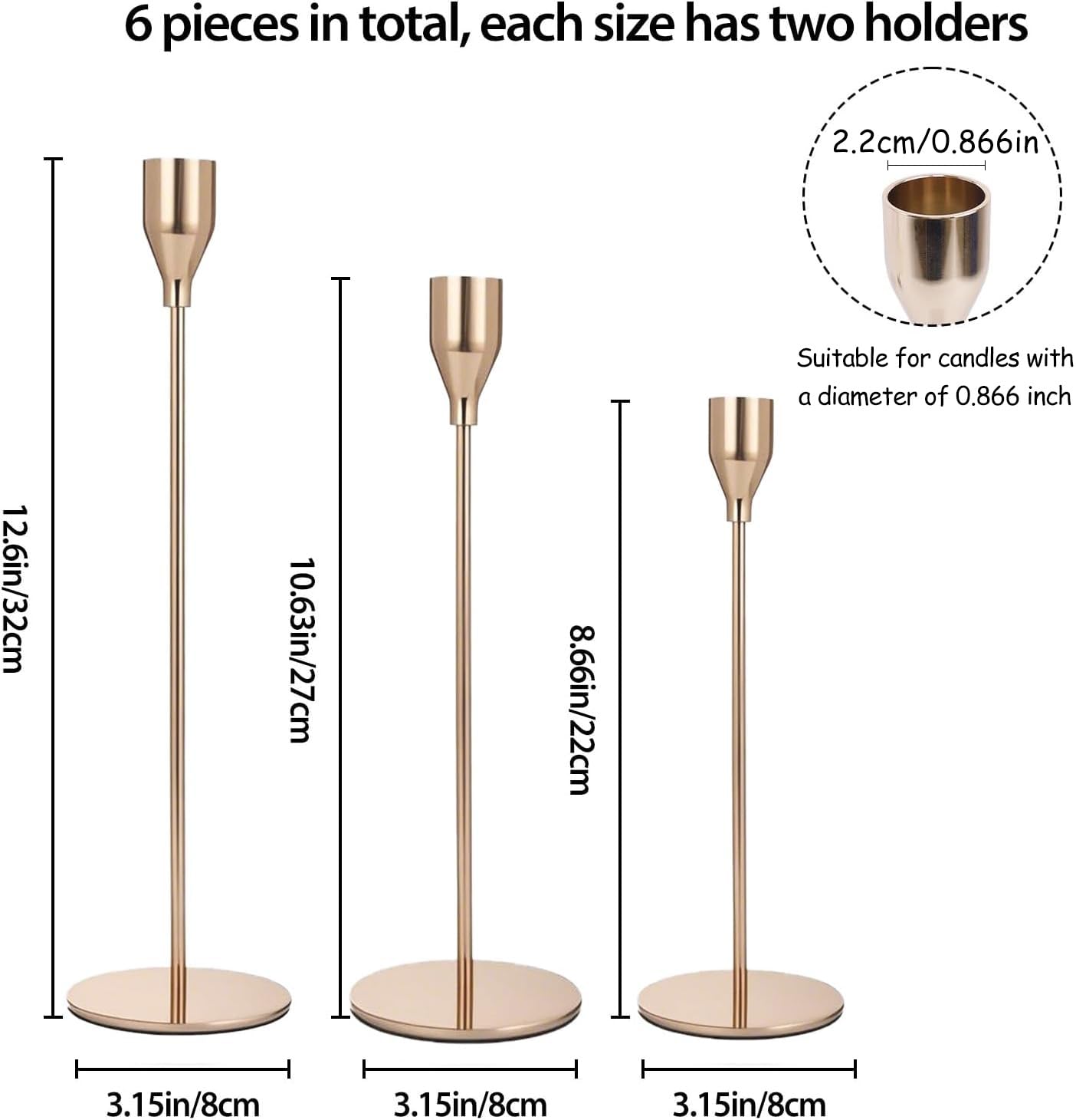 AUMAYCO French Gold Candle Holders Set of 6, Metal Taper Candle Holders, Gold Candlestick Holders, Fits 2.2cm Thick Candle&Led Candles, for Table Centerpiece, Mantels, Weddings, Dining, Party