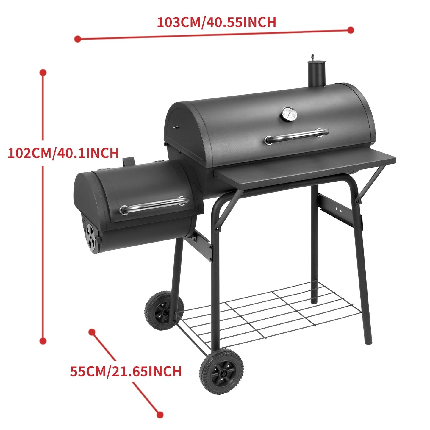 Kendane Barrel Charcoal Grill with offset smoker,550 Square Inches Cooking Area, Outdoor BBQ Grill with Front Shelf, Perfect for Backyard, Patio Parties and Picnics.