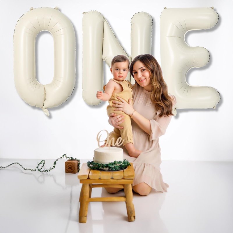 40 Inch Beige One Balloons for 1st Birthday, Cream White Sand One Balloon Letters with Ribbon, Neutral Ivory Alphabet One Balloon for Boys Girls First Birthday 1 Year Old Baby Shower Party Decorations
