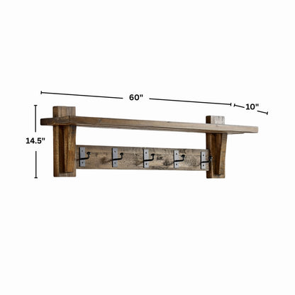 Alaterre Furniture Durango 60 Inch Solid Wood Entryway Organizer - Rustic Industrial Farmhouse Wall Mounted Coat Rack with Shelf and 5 Black Metal Hooks for Mudroom, & Living Room (Natural)