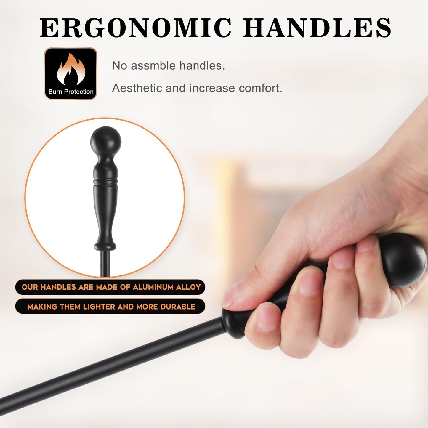 Gtongoko Fireplace Tools Set 5 Pcs 30.5 Inch Black Wrought Iron Large Fire Place Tool Set Indoor/Outdoor Include Poker, Shovel, Brush, Tong and Round Stand, Fireplace Kit Accessories Set
