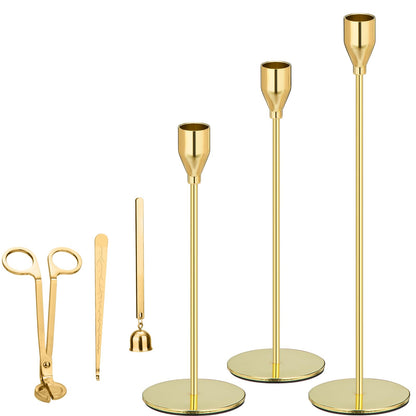 Gold Taper Candle Holders, Candlestick Holders, Candle Holders with 3 in 1 Candle Accessory Set, Metal Candle Stand for Mantle Table Centerpiece, Weddings, Dining, Housewarming(Set of 6)