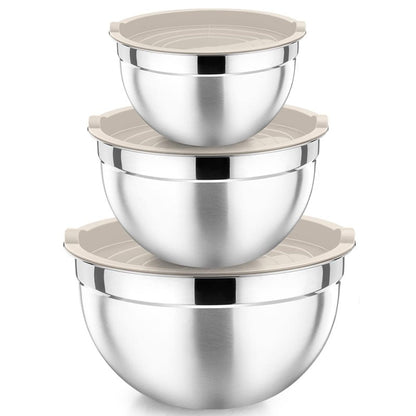 P&P CHEF Khaki Mixing Bowls with Lids, Set of 3, Stainless Steel Salad Nesting Bowl for Mixing, Storing, Prepping, Airtight & Stackable, Size 4.6/3 /1.5 QT