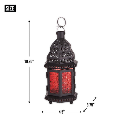 Zingz & Thingz Moroccan Style Candle Lantern Holder, Decorative Light Home Decor, Indoor & Outdoor, 10.25" Tall, Black with Red Glass