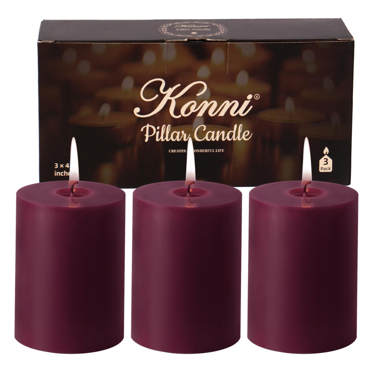 KONNI Purple Pillar Candles Set of 3, 3"x 4" Unscented Pillar Candles Bulk, 39 Hours Long Burning Candles, Smokeless&Dripless Large Round Candle for Wedding, Home Decoration, Parties, Spas, Dinner