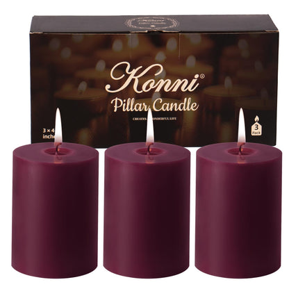 KONNI Purple Pillar Candles Set of 3, 3"x 4" Unscented Pillar Candles Bulk, 39 Hours Long Burning Candles, Smokeless&Dripless Large Round Candle for Wedding, Home Decoration, Parties, Spas, Dinner
