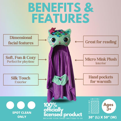 DreamWorks Gabby's Dollhouse Mercat Bedding Super Soft and Cozy Wearable Hooded Throw Blanket, 50" X 30" (Official Licensed Product) By Franco