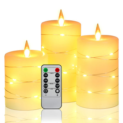 Da by 3 Pack Ivory Real Wax Flameless Taper Candles, Lifelike Flickering LED Flame Candles with Surrounding Fairy String Lights, Soft Warm Battery Candles with Remote for Home Wedding Holiday Decor