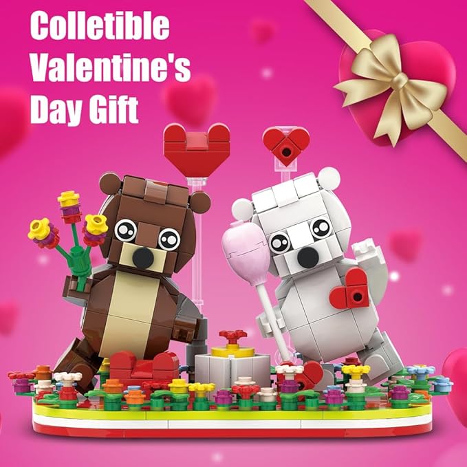 Valentines Brown and White Dancing Bear Couple Building Blocks Set Toy Valentine‘s Day Love Heart Ornament Gift Toy School Classroom Gift Exchange for Kids (Valentines Bears Set)
