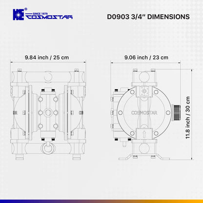 COSMOSTAR D0903 3/4" Double Air Diaphragm Pump, Aluminum Body, Teflon Ball, seat and Diaphragm, Pump Muffler, Pump, Chemical Pump, Waste Oil Pump, Pneumatic Oil Pump, Diaphragm Pumps