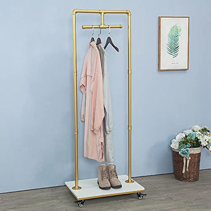 FURVOKIA Industrial Pipe and Wood Rolling Clothes Retail Heavy Duty Garment Racks,Metal Clothing Store Hanger Storage Shelves,Floor-Standing Display Rack,Decor Pipeline Shelf (Gold)