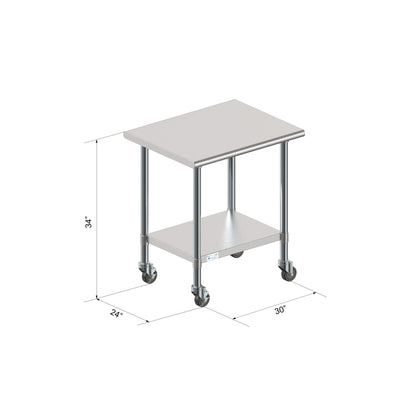 KoolMore Commercial 24x30'' Stainless Steel Work Table with Wheels for Restaurant or Home Use, Under Storage Shelf Food, Tools, Equipment, & Hardware, Heavy Duty Metal Workspace (CT2430-18C), Silver