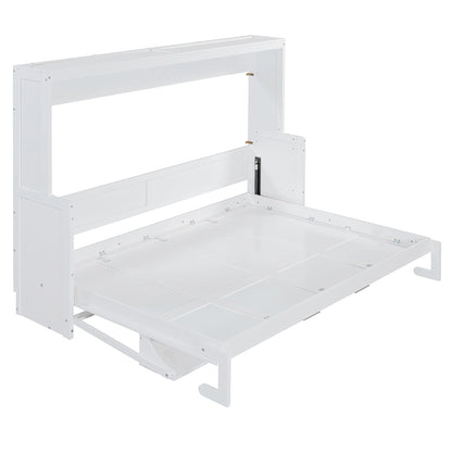 Ball & Cast Horizontal Murphy Bed Queen Size,Hidden Folding Wall Bed Frame with Hydraulic Lift&Desk,Wood Cabinet Platform Bed can be Folded into Desk,Space Saving for Bedroom,Guest Room,White