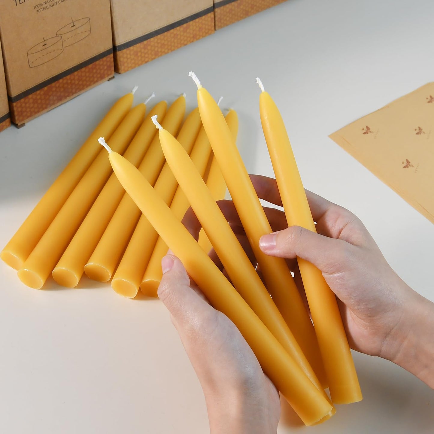 DEYBBY 9 inch Natural Beeswax Taper Candles Set of 12, Smokeless and Dripless Pure Organic Beeswax Candles, Long Lasting Burning for Dinner Room Decor Emergency Housewarming Gift, Nontoxic