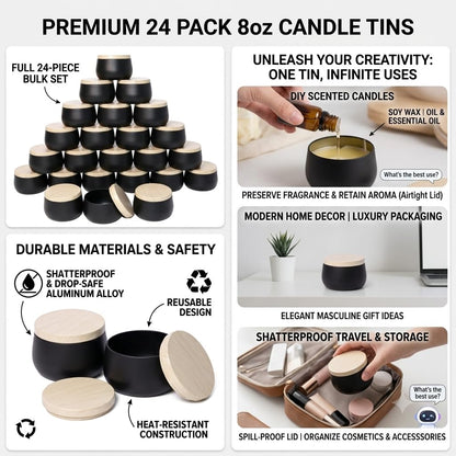 24 Pack 8 oz Candle Tins, Matte Black Metal Candle Jars with Wood Grain Lids, Empty Candle Containers Bulk for Candle Making Supplies, DIY Crafts, Storage & Gifts, Shatterproof Travel Vessels