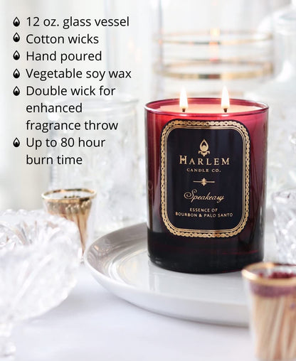 HARLEM CANDLE CO. Speakeasy - Luxury Scented Soy Candle, 11 oz - 80-Hour Burn Time | Palo Santo, Cardamom, Incense, Bourbon, Tobacco and Patchouli | Scented Candles for Home