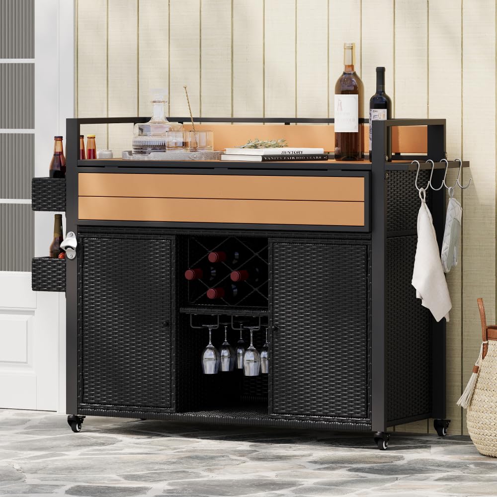 Dfchlda 52.8" Wicker Outdoor Grill Cart with Extended Plastic Wood Table Top, Rolling Kitchen Island with Storage Cabinet, Double Handle Design for Patio, Backyard, Garden, Poolside(Black Brown)