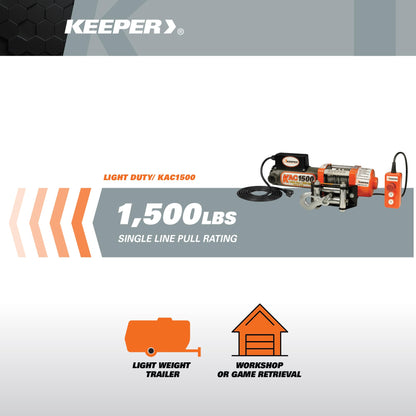 KEEPER Electric Winch 110/120V AC with Remote, Hand Held Control, 1500 lb. Capacity, AC Power, ATV, Truck, SUVs, Large Vehicles, Trailer Winch