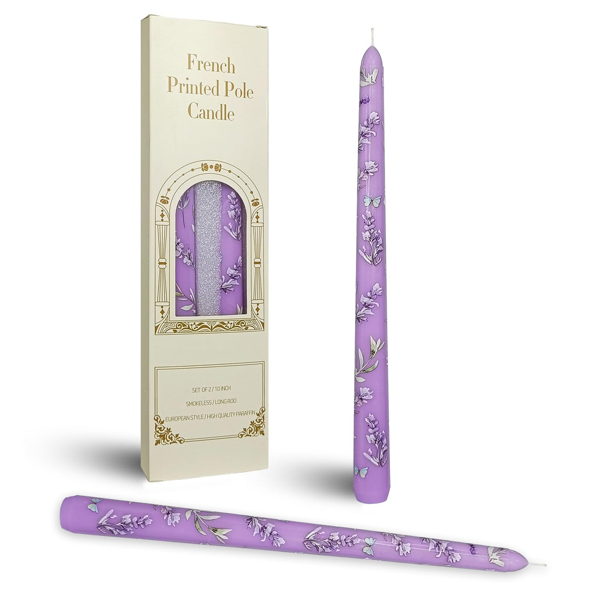 Printed Taper Candle - Baleagcdl Purple with Lavender Floral Long Candlesticks Handmade 10 Inch Drip Candle Sticks for Wedding Dinner Decor Holiday Gifts Set of 2