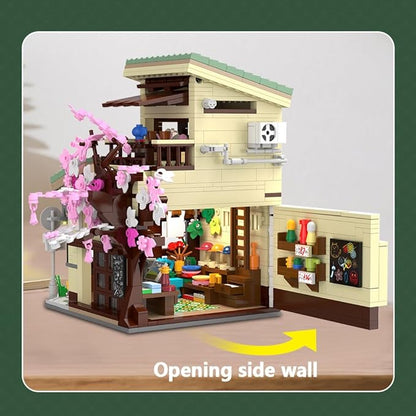 CaDA Japanese Style Cat Grocery Store House Building Set Master C66015W City Street Brick Kit with Lights 8921PCS Modular House Idea Gift for Adults